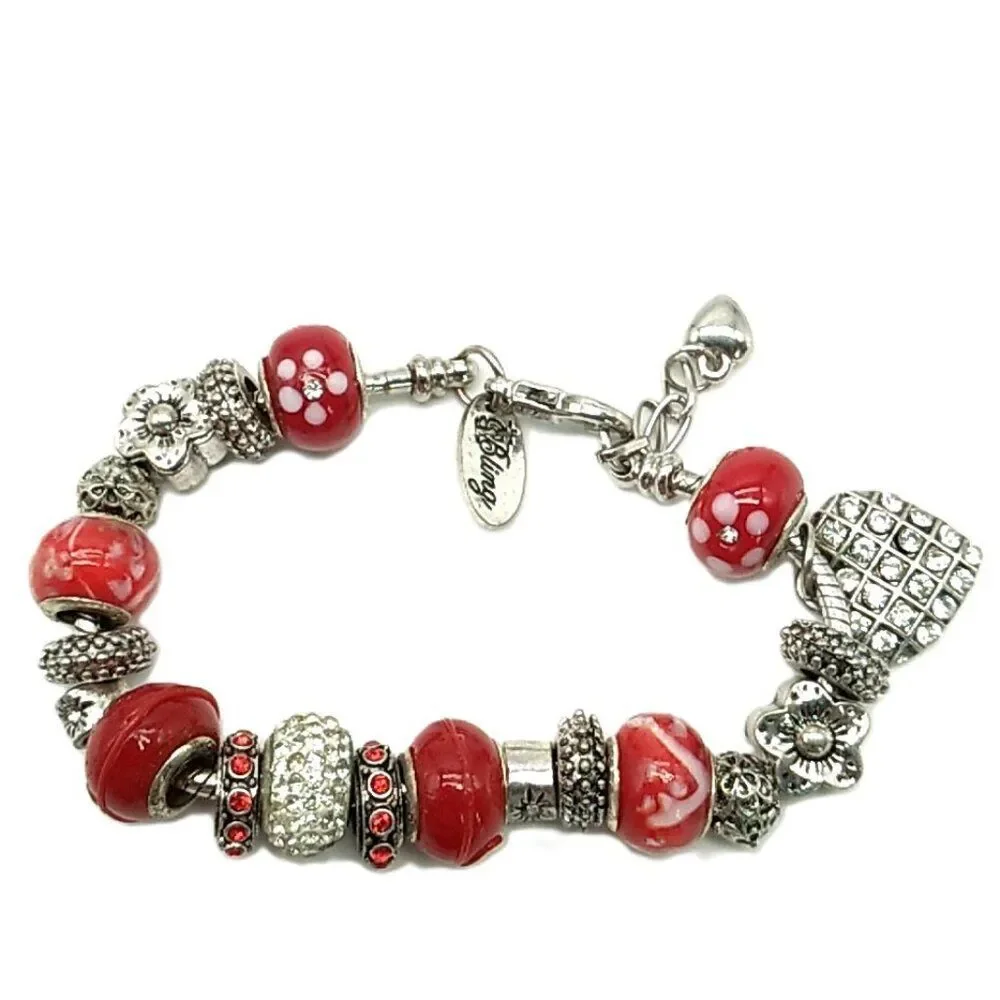 Bling Silver-tone & Red Beaded Charm Slider Bracelet on Snake Chain NWOT